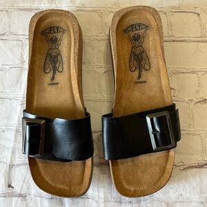 Fly London Women's Carb851fly Wedge Sandals Black Leather Size EU 39 US 8 Slide